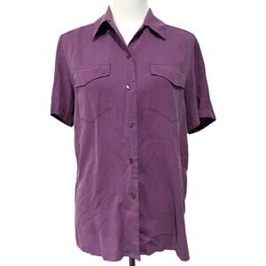 Anna and Frank Silk Blouse Button Up Womens Size M Short Sleeve Pockets Purple